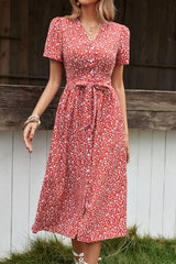 Ditsy Floral Button Front Tied Puff Sleeve Dress - SHE BADDY© ONLINE WOMEN FASHION & CLOTHING STORE