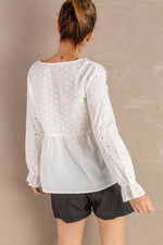 Eyelet Tie-Neck Long Flounce Sleeve Peplum Blouse - SHE BADDY© ONLINE WOMEN FASHION & CLOTHING STORE