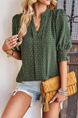 Textured Notched Neck Puff Sleeve Blouse - SHE BADDY© ONLINE WOMEN FASHION & CLOTHING STORE