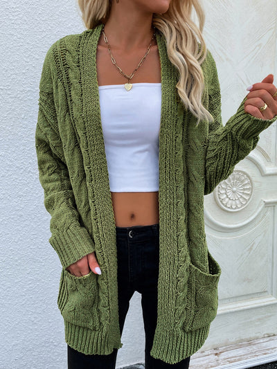 Cable-Knit Open Front Cardigan with Front Pockets - SHE BADDY© ONLINE WOMEN FASHION & CLOTHING STORE