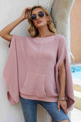 Waffle-Knit Cloak Sleeve Pocket Sweater - SHE BADDY© ONLINE WOMEN FASHION & CLOTHING STORE