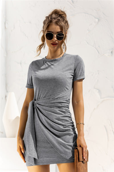 Round Neck Cuffed Sleeve Side Tie Dress - SHE BADDY© ONLINE WOMEN FASHION & CLOTHING STORE