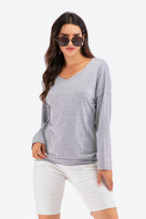 V-Neck Drop Shoulder Open Back Sweatshirt - SHE BADDY© ONLINE WOMEN FASHION & CLOTHING STORE