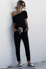 Asymmetrical Neck Tied Jumpsuit with Pockets - SHE BADDY© ONLINE WOMEN FASHION & CLOTHING STORE