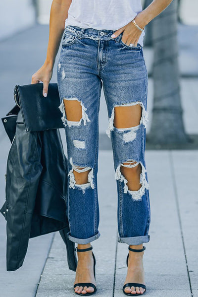 Distressed Frayed Trim Straight Leg Jeans - SHE BADDY© ONLINE WOMEN FASHION & CLOTHING STORE