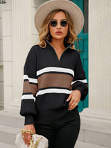 Striped Quarter-Zip Lantern Sleeve Sweater - SHE BADDY© ONLINE WOMEN FASHION & CLOTHING STORE