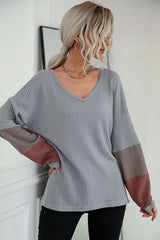 Color Block Sleeve Waffle Knit Tee - SHE BADDY© ONLINE WOMEN FASHION & CLOTHING STORE