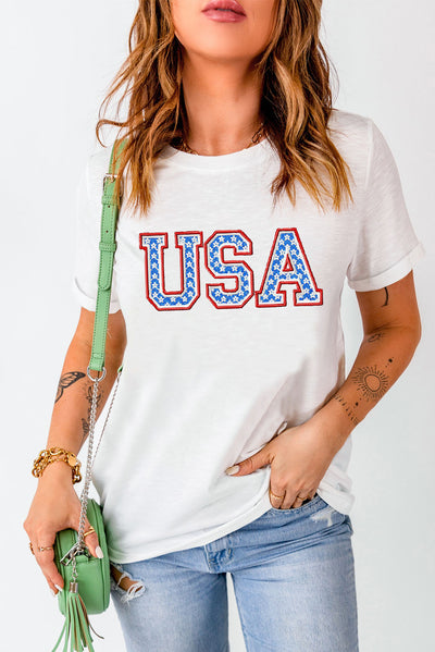 USA Graphic Embroidered Round Neck T-Shirt - SHE BADDY© ONLINE WOMEN FASHION & CLOTHING STORE