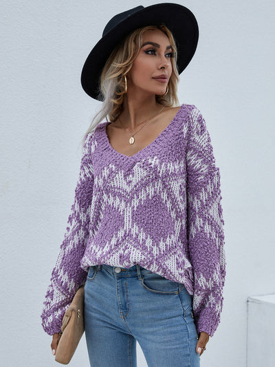 Geometric Print Chunky Knit Sweater - SHE BADDY© ONLINE WOMEN FASHION & CLOTHING STORE