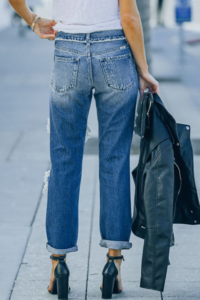 Distressed Frayed Trim Straight Leg Jeans - SHE BADDY© ONLINE WOMEN FASHION & CLOTHING STORE