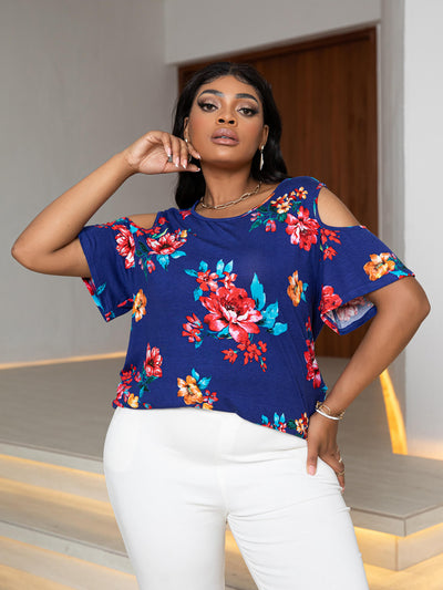 Plus Size Cold-Shoulder Round Neck Curved Hem Tee - SHE BADDY© ONLINE WOMEN FASHION & CLOTHING STORE