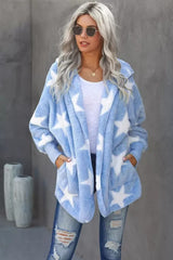 Star Open Front Fuzzy Hooded Jacket with Pockets - SHE BADDY© ONLINE WOMEN FASHION & CLOTHING STORE