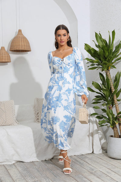 Floral Tie Front Sweetheart Neck Midi Dress - SHE BADDY© ONLINE WOMEN FASHION & CLOTHING STORE