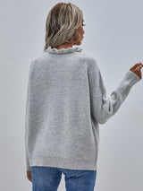 Button Detail Frill Neck Rib-Knit Sweater - SHE BADDY© ONLINE WOMEN FASHION & CLOTHING STORE