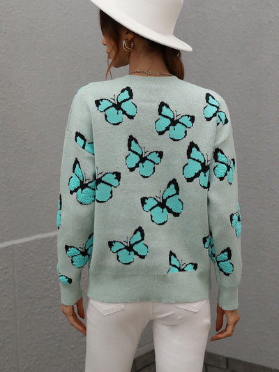 Butterfly Dropped Shoulder Crewneck Sweater - SHE BADDY© ONLINE WOMEN FASHION & CLOTHING STORE