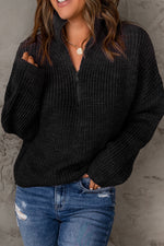 Half Zip Rib-Knit Dropped Shoulder Sweater - SHE BADDY© ONLINE WOMEN FASHION & CLOTHING STORE
