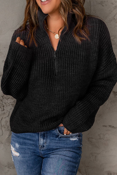 Half Zip Rib-Knit Dropped Shoulder Sweater - SHE BADDY© ONLINE WOMEN FASHION & CLOTHING STORE