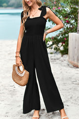 Frill Trim Tie Shoulder Wide Leg Jumpsuit with Pockets - SHE BADDY© ONLINE WOMEN FASHION & CLOTHING STORE