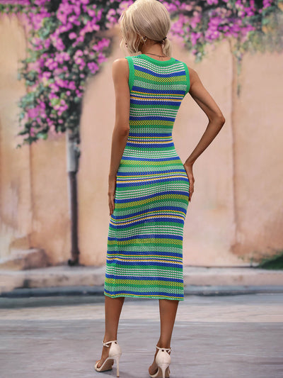 Striped Round Neck Sleeveless Midi Cover Up Dress - SHE BADDY© ONLINE WOMEN FASHION & CLOTHING STORE