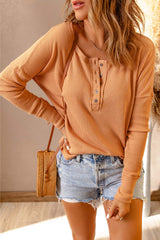 Half Button Waffle Knit Long Sleeve Top - SHE BADDY© ONLINE WOMEN FASHION & CLOTHING STORE