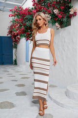 Striped Openwork Cropped Tank and Split Skirt Set - SHE BADDY© ONLINE WOMEN FASHION & CLOTHING STORE