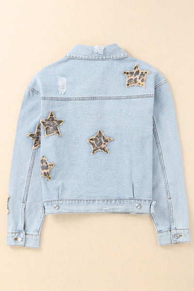 Leopard Star Applique Distressed Denim Jacket - SHE BADDY© ONLINE WOMEN FASHION & CLOTHING STORE