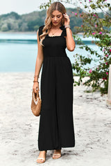 Frill Trim Tie Shoulder Wide Leg Jumpsuit with Pockets - SHE BADDY© ONLINE WOMEN FASHION & CLOTHING STORE