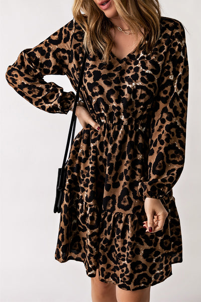 Leopard V-Neck Balloon Sleeve Tiered Dress - SHE BADDY© ONLINE WOMEN FASHION & CLOTHING STORE