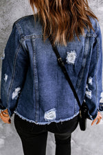 Mixed Print Distressed Button Front Denim Jacket - SHE BADDY© ONLINE WOMEN FASHION & CLOTHING STORE