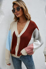 Contrast Button Front V-Neck Cardigan - SHE BADDY© ONLINE WOMEN FASHION & CLOTHING STORE