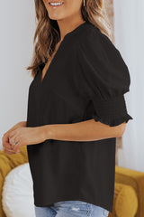 Smocked Flounce Sleeve Notched Neck Blouse - SHE BADDY© ONLINE WOMEN FASHION & CLOTHING STORE