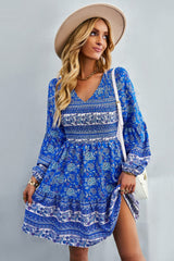 Bohemian V-Neck Balloon Sleeve Dress - SHE BADDY© ONLINE WOMEN FASHION & CLOTHING STORE