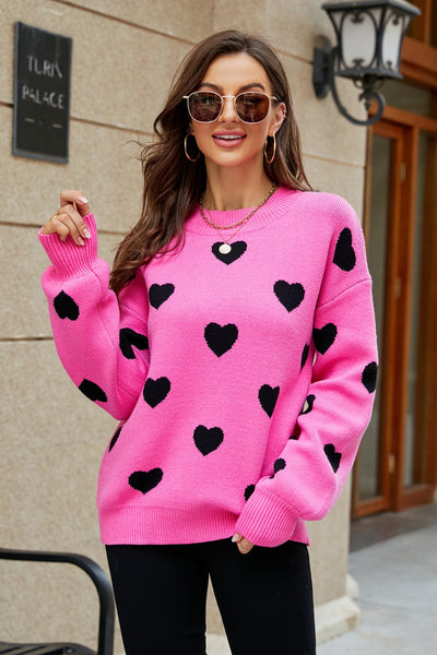 Heart Pattern Lantern Sleeve Round Neck Tunic Sweater - SHE BADDY© ONLINE WOMEN FASHION & CLOTHING STORE