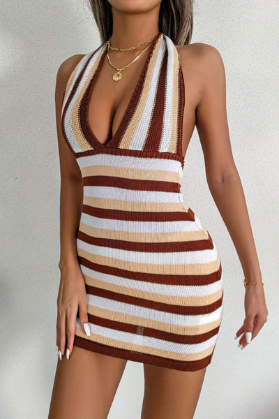 Striped Halter Neck Backless Knit Mini Dress - SHE BADDY© ONLINE WOMEN FASHION & CLOTHING STORE