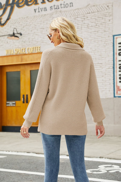 Horizontal Ribbing Johnny Collar Sweater - SHE BADDY© ONLINE WOMEN FASHION & CLOTHING STORE