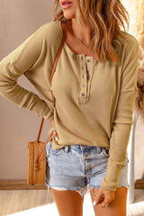 Half Button Waffle Knit Long Sleeve Top - SHE BADDY© ONLINE WOMEN FASHION & CLOTHING STORE