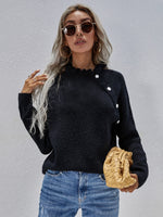 Button Detail Frill Neck Rib-Knit Sweater - SHE BADDY© ONLINE WOMEN FASHION & CLOTHING STORE