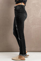 High Waist Distressed Raw Hem Jeans - SHE BADDY© ONLINE WOMEN FASHION & CLOTHING STORE