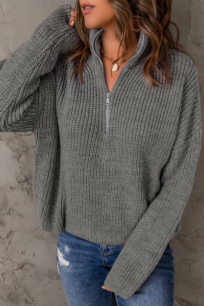 Half Zip Rib-Knit Dropped Shoulder Sweater - SHE BADDY© ONLINE WOMEN FASHION & CLOTHING STORE