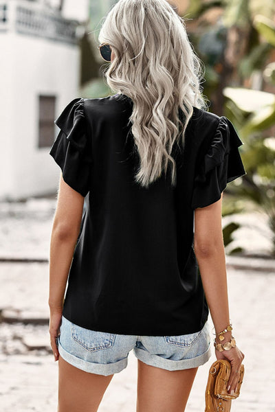 Contrast Ruffle Trim Flutter Sleeve Blouse - SHE BADDY© ONLINE WOMEN FASHION & CLOTHING STORE