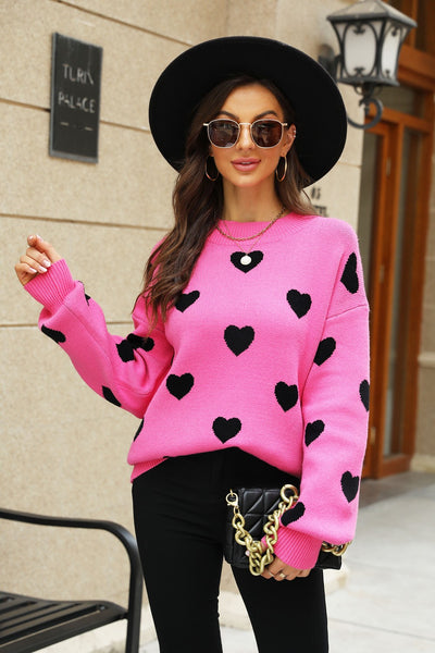 Heart Pattern Lantern Sleeve Round Neck Tunic Sweater - SHE BADDY© ONLINE WOMEN FASHION & CLOTHING STORE