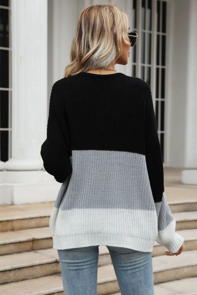 Color Block Long Sleeve Chunky Knit Sweater - SHE BADDY© ONLINE WOMEN FASHION & CLOTHING STORE