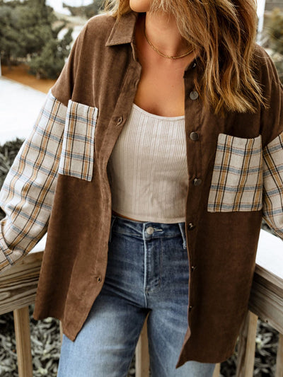 Plaid Corduroy Shirt Jacket with Pockets - SHE BADDY© ONLINE WOMEN FASHION & CLOTHING STORE