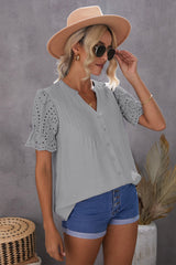 Eyelet Short Sleeve Pleated Blouse - SHE BADDY© ONLINE WOMEN FASHION & CLOTHING STORE
