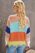 Color Block Distressed V-Neck Ribbed Sweater - SHE BADDY© ONLINE WOMEN FASHION & CLOTHING STORE