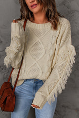 Cable-Knit Fringe Trim Sweater - SHE BADDY© ONLINE WOMEN FASHION & CLOTHING STORE