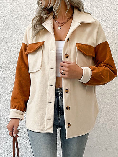 Contrast Button-Up Fleece Jacket - SHE BADDY© ONLINE WOMEN FASHION & CLOTHING STORE