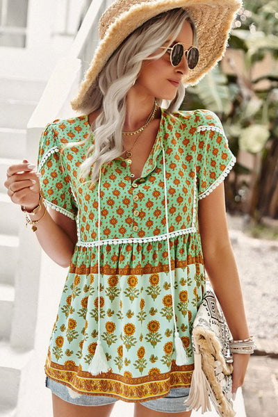 Bohemian Tie Neck Buttoned Blouse - SHE BADDY© ONLINE WOMEN FASHION & CLOTHING STORE