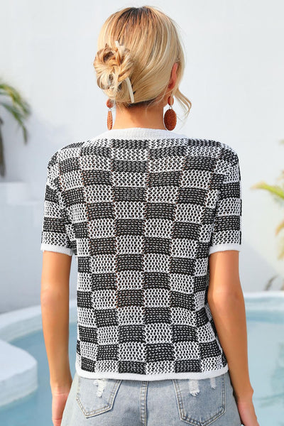 Checkered Short Sleeve Knit Top - SHE BADDY© ONLINE WOMEN FASHION & CLOTHING STORE