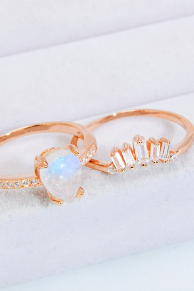 Natural Moonstone and Zircon 18K Rose Gold-Plated Two-Piece Ring Set - SHE BADDY© ONLINE WOMEN FASHION & CLOTHING STORE